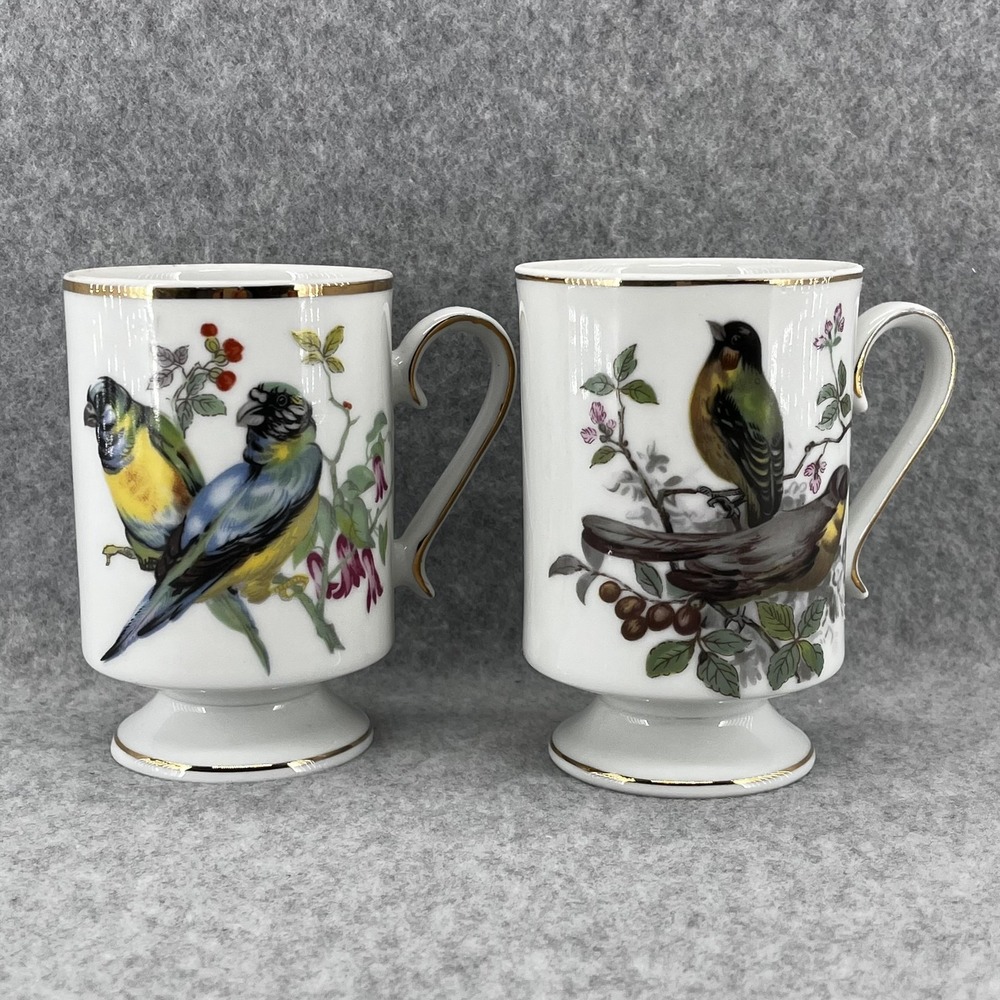 Royal‎ Crown Pedestal Coffee Mugs Set Of 2 Birds Floral Porcelain Gold Trim